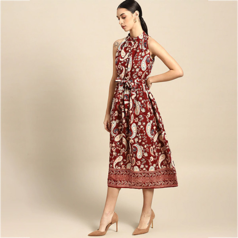 Maroon & Beige Ethnic Motifs Halter Neck A-Line Maxi Dress