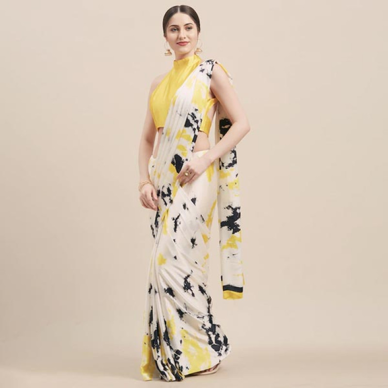 White & Yellow Satin Printed Saree