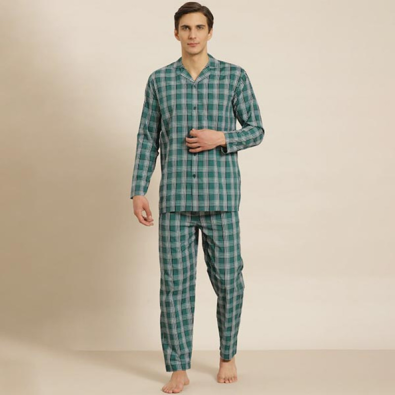 Men Green & White Checked Cotton Night suit